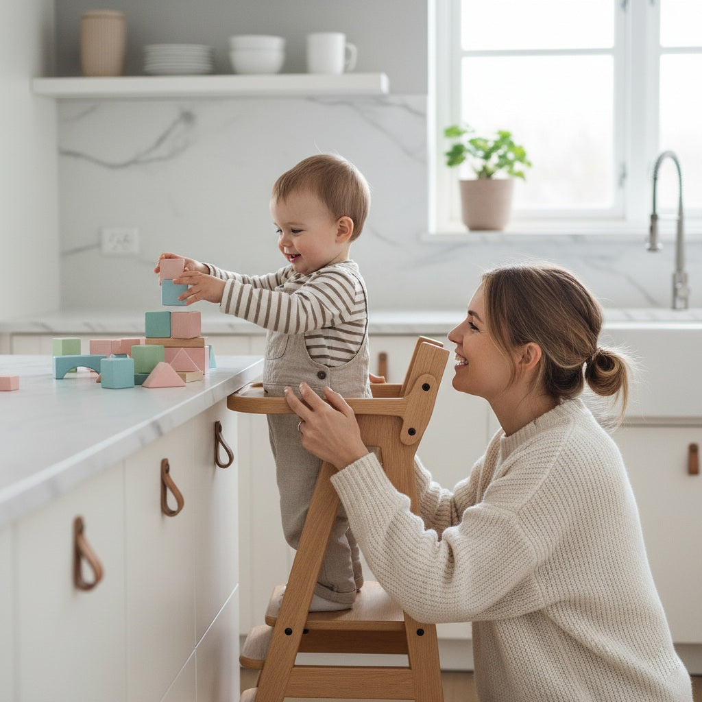Hochstuhl aus Holz für Babys und Kinder von MontessoriLernwelt mit Tablett und Sicherheitsgurt