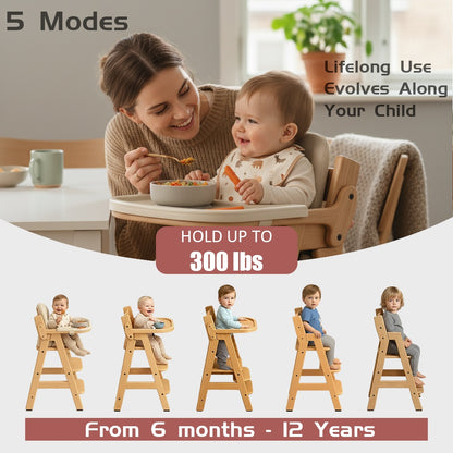 Hochstuhl aus Holz für Babys und Kinder von MontessoriLernwelt mit Tablett und Sicherheitsgurt