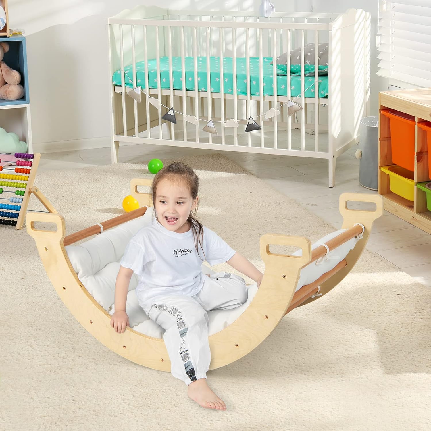 MontessoriLernwelt Kletterbogen & Waldorf Rocker mit Polster – Montessori Schaukel, Indoor Schaukel aus Buchenholz für Kleinkinder