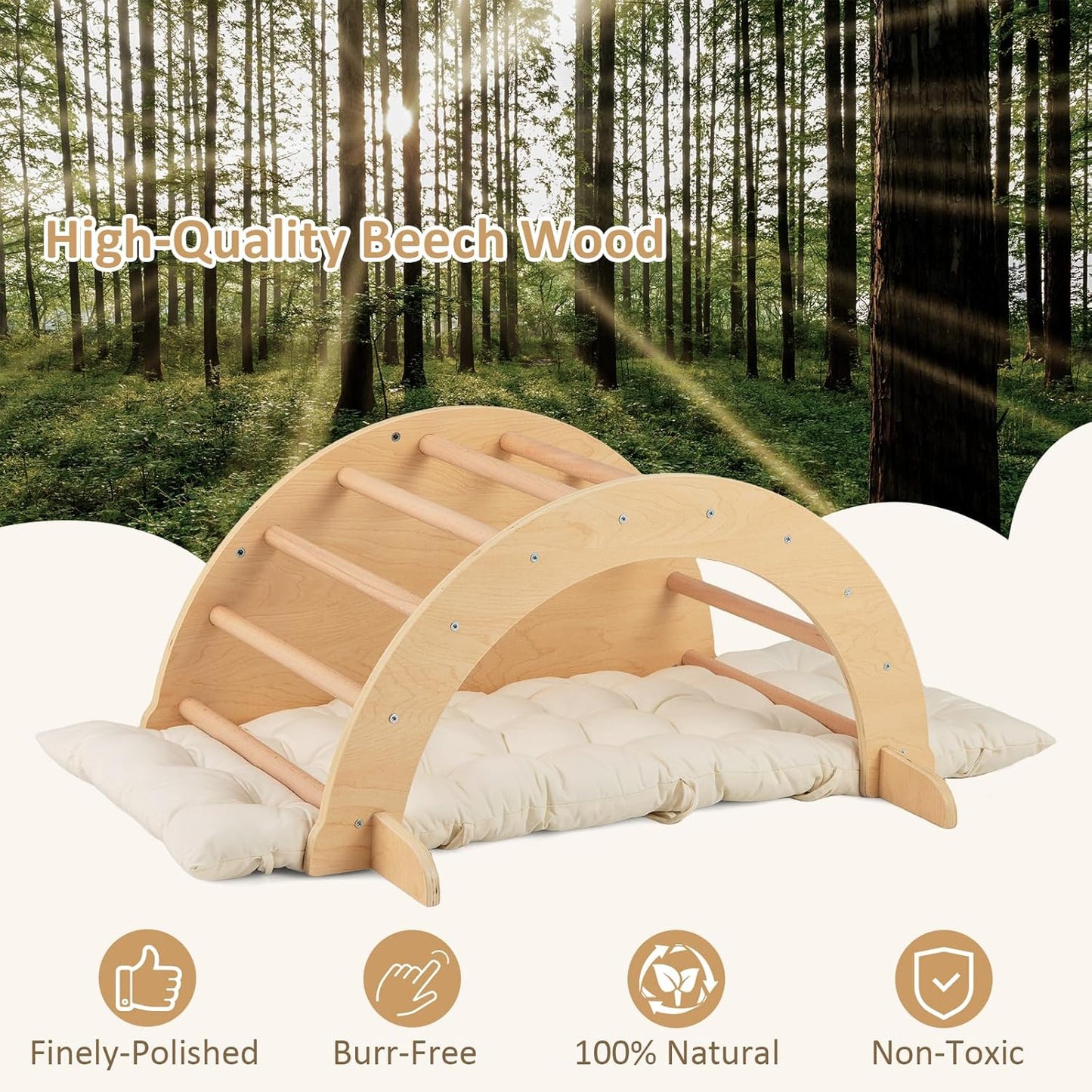 MontessoriLernwelt Waldorf Rocker – Kletterbogen mit weicher Matratze, Montessori Schaukel/Indoor-Schaukel aus Holz für Kinder