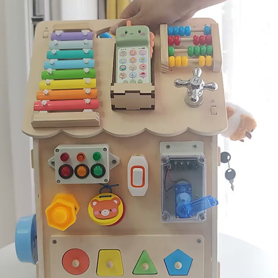 Montessori wooden Busy House for toddlers with interactive learning activities