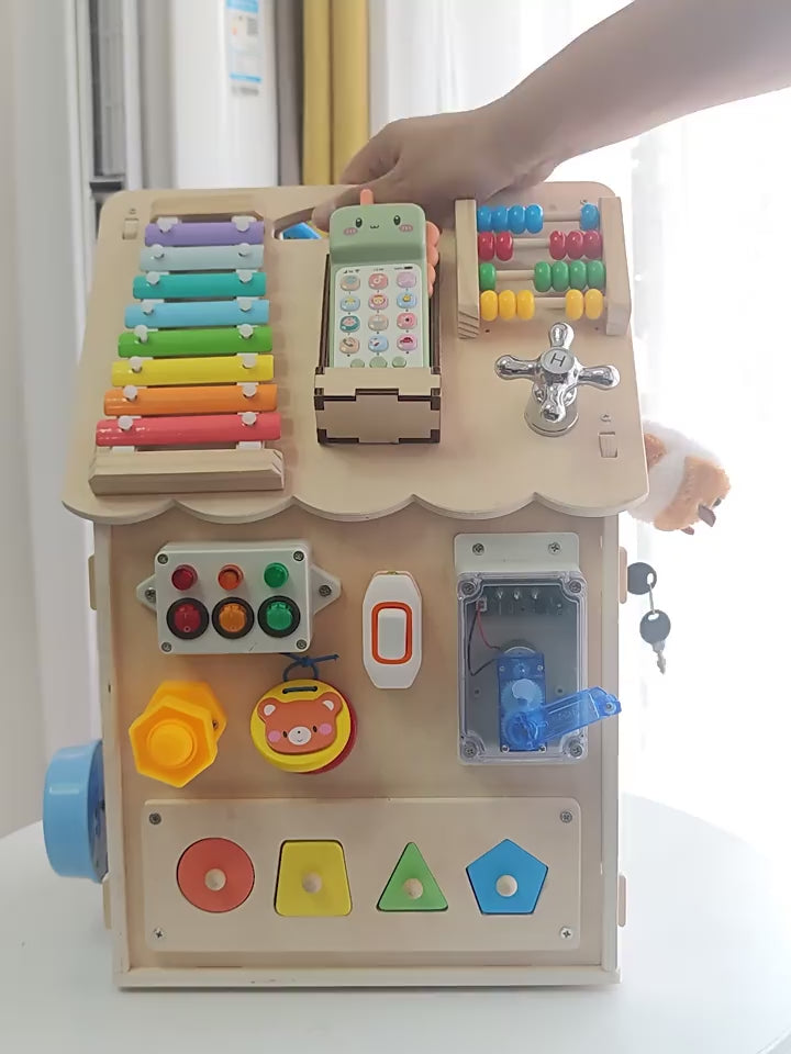 Montessori wooden Busy House for toddlers with interactive learning activities