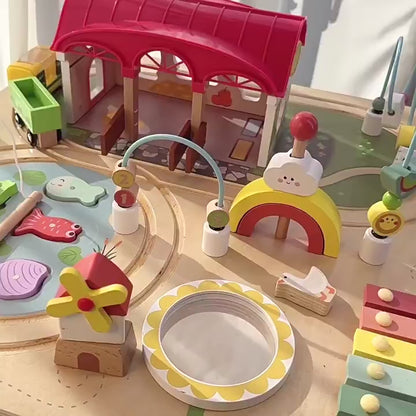 Montessori Spieltisch Holz – Lern- & Spieltisch mit Magnetfischen, Xylophon & Zugbahn