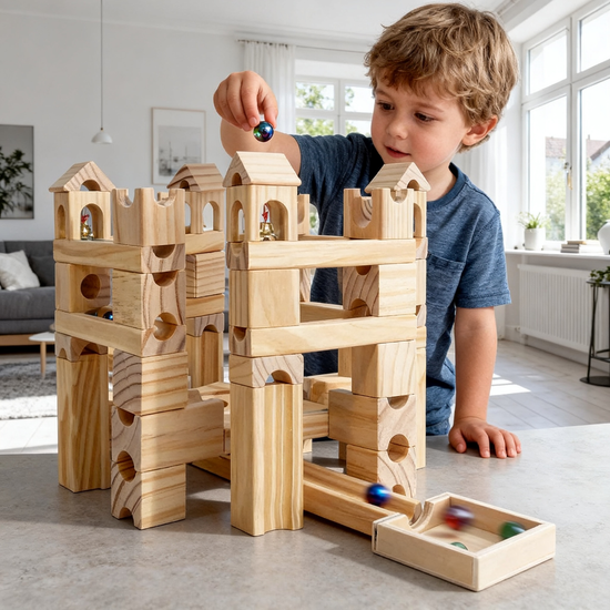 Montessori Murmelbahn mit 80 Teilen als Holzspielzeug für Kinder