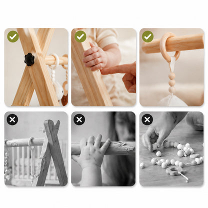 Sichere Details eines hochwertigen Baby Gyms aus Holz