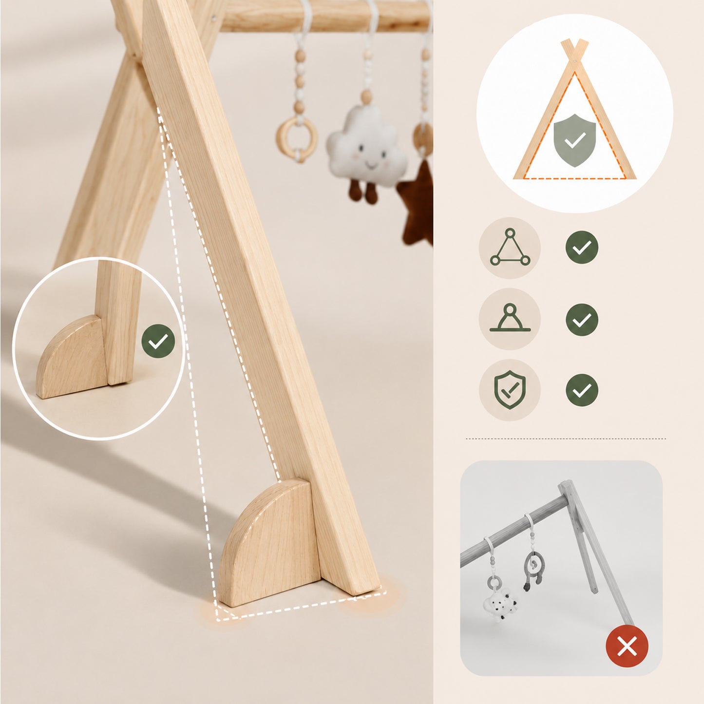 Stabile A-Rahmen-Konstruktion eines sicheren Baby Gyms aus Holz