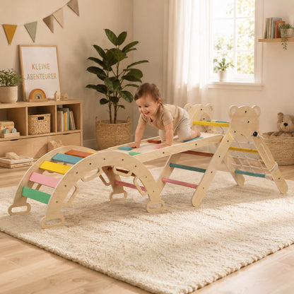 Wooden Montessori play gym supporting balance and motor skills