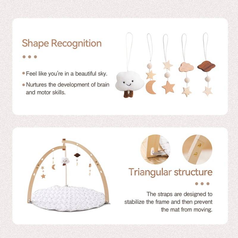 Gimnasio de madera para bebés con alfombra de juegos – Nubes y estrellas