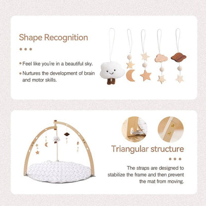 Gimnasio de madera para bebés con alfombra de juegos – Nubes y estrellas