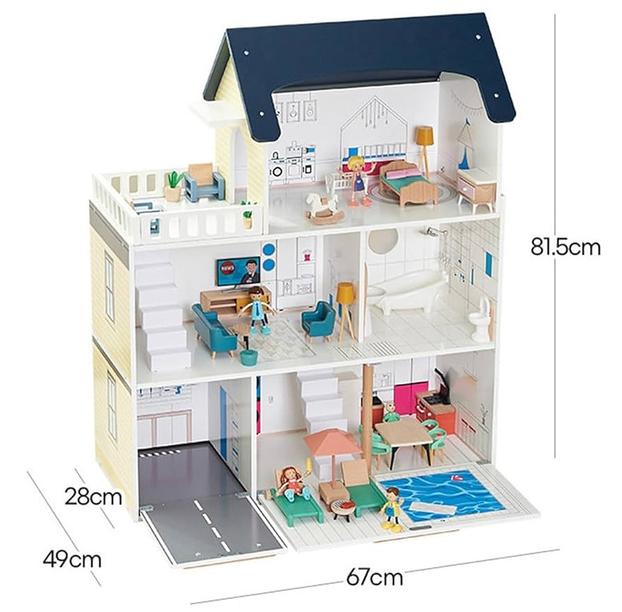 Montessori Puppenhaus aus Holz – 3 Etagen Villa mit Garage & Möbeln (XXL)