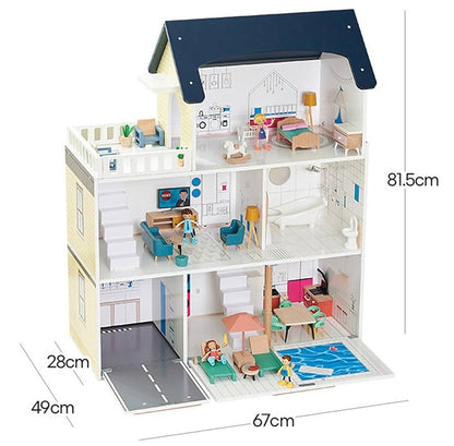 Montessori Puppenhaus aus Holz – 3 Etagen Villa mit Garage & Möbeln (XXL)