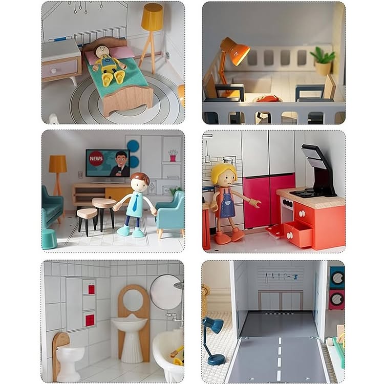 Montessori Puppenhaus aus Holz – 3 Etagen Villa mit Garage & Möbeln (XXL)