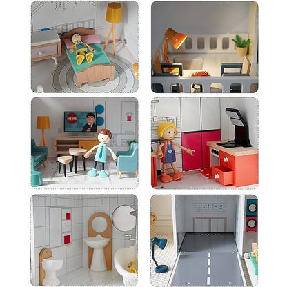 Montessori Puppenhaus aus Holz – 3 Etagen Villa mit Garage & Möbeln (XXL)