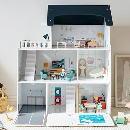 Montessori Puppenhaus aus Holz – 3 Etagen Villa mit Garage & Möbeln (XXL)