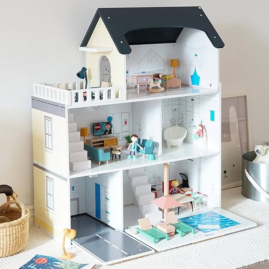 Montessori Puppenhaus aus Holz – 3 Etagen Villa mit Garage & Möbeln (XXL)