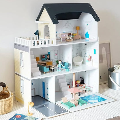 Montessori Puppenhaus aus Holz – 3 Etagen Villa mit Garage & Möbeln (XXL)