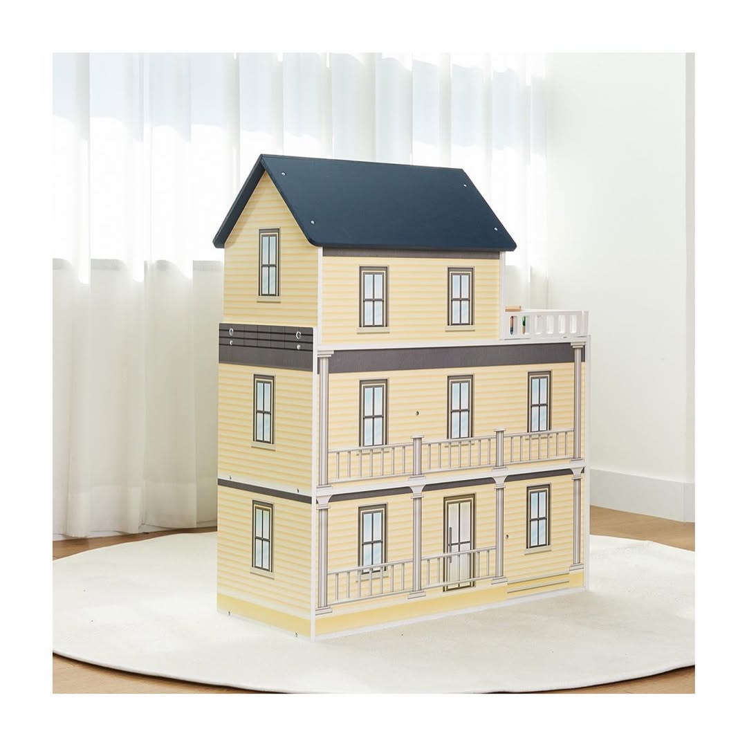 Montessori Puppenhaus aus Holz – 3 Etagen Villa mit Garage & Möbeln (XXL)