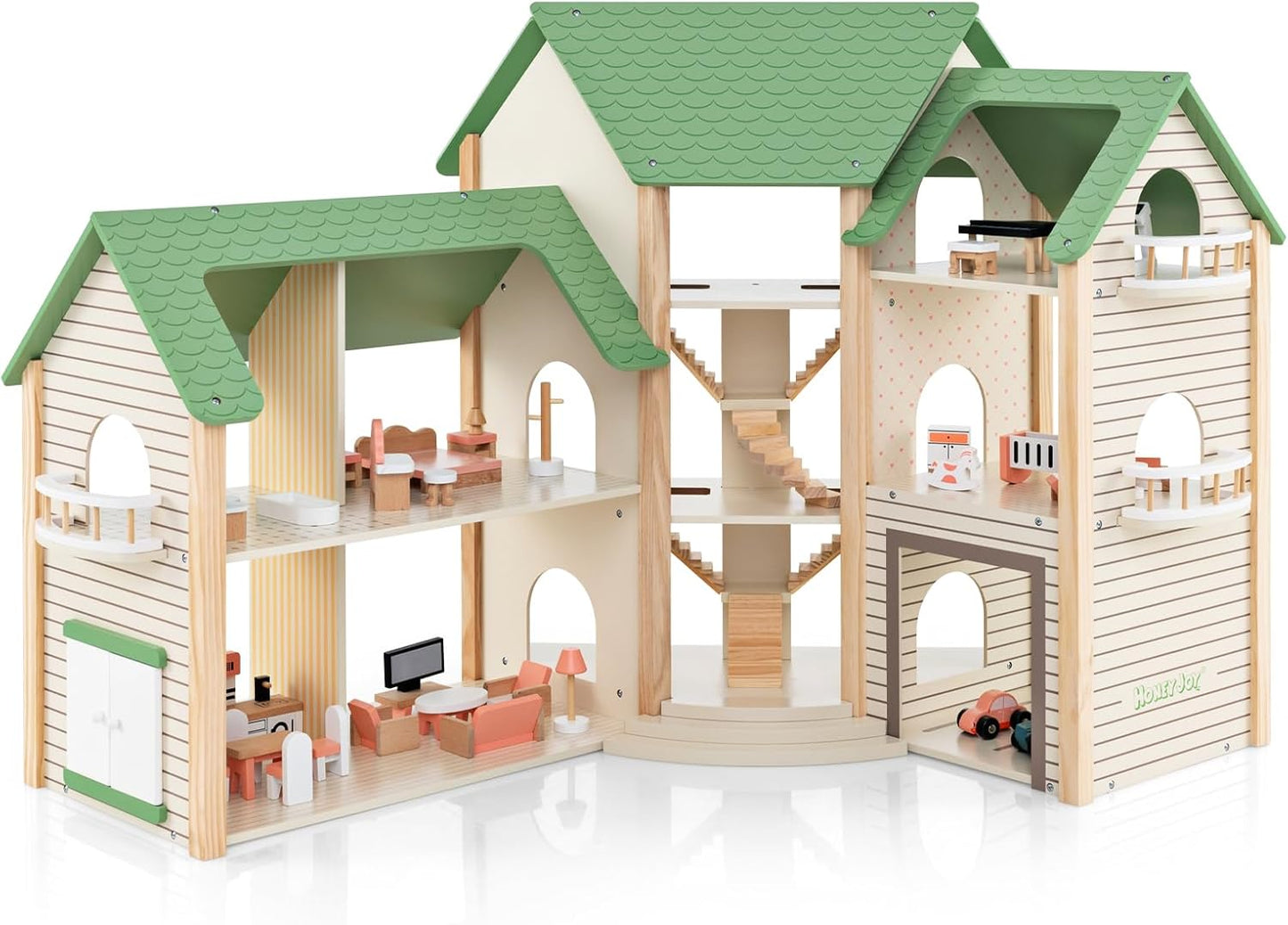 Montessori Wooden Dollhouse – Expandable Play Villa with 3 Houses & Furniture