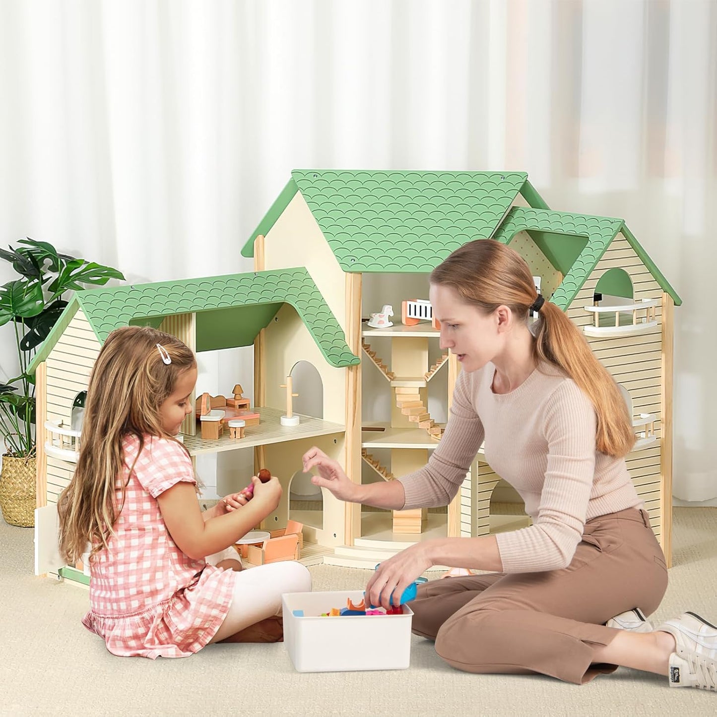 Montessori Wooden Dollhouse – Expandable Play Villa with 3 Houses & Furniture
