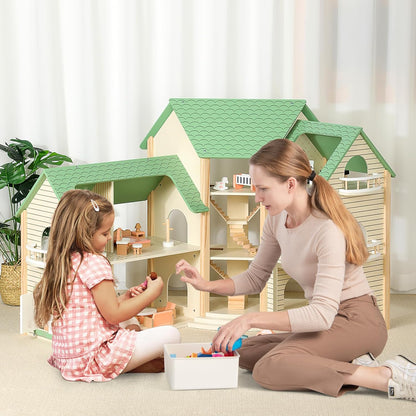 Montessori Wooden Dollhouse – Expandable Play Villa with 3 Houses & Furniture