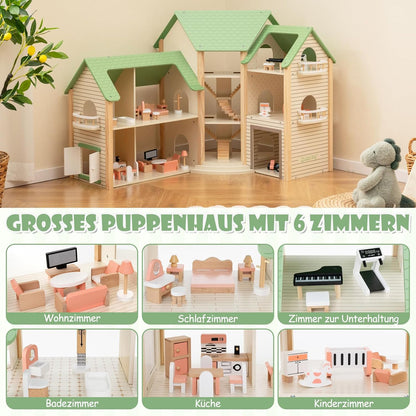 Montessori Wooden Dollhouse – Expandable Play Villa with 3 Houses & Furniture