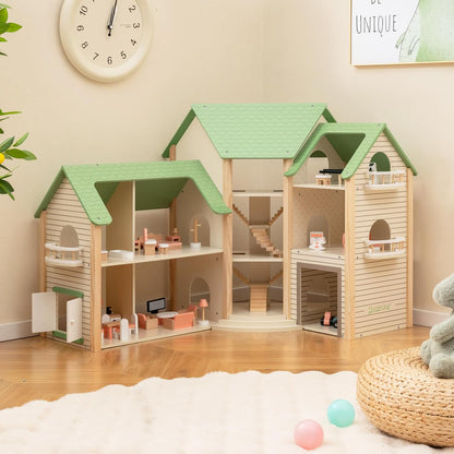 Montessori Wooden Dollhouse – Expandable Play Villa with 3 Houses & Furniture
