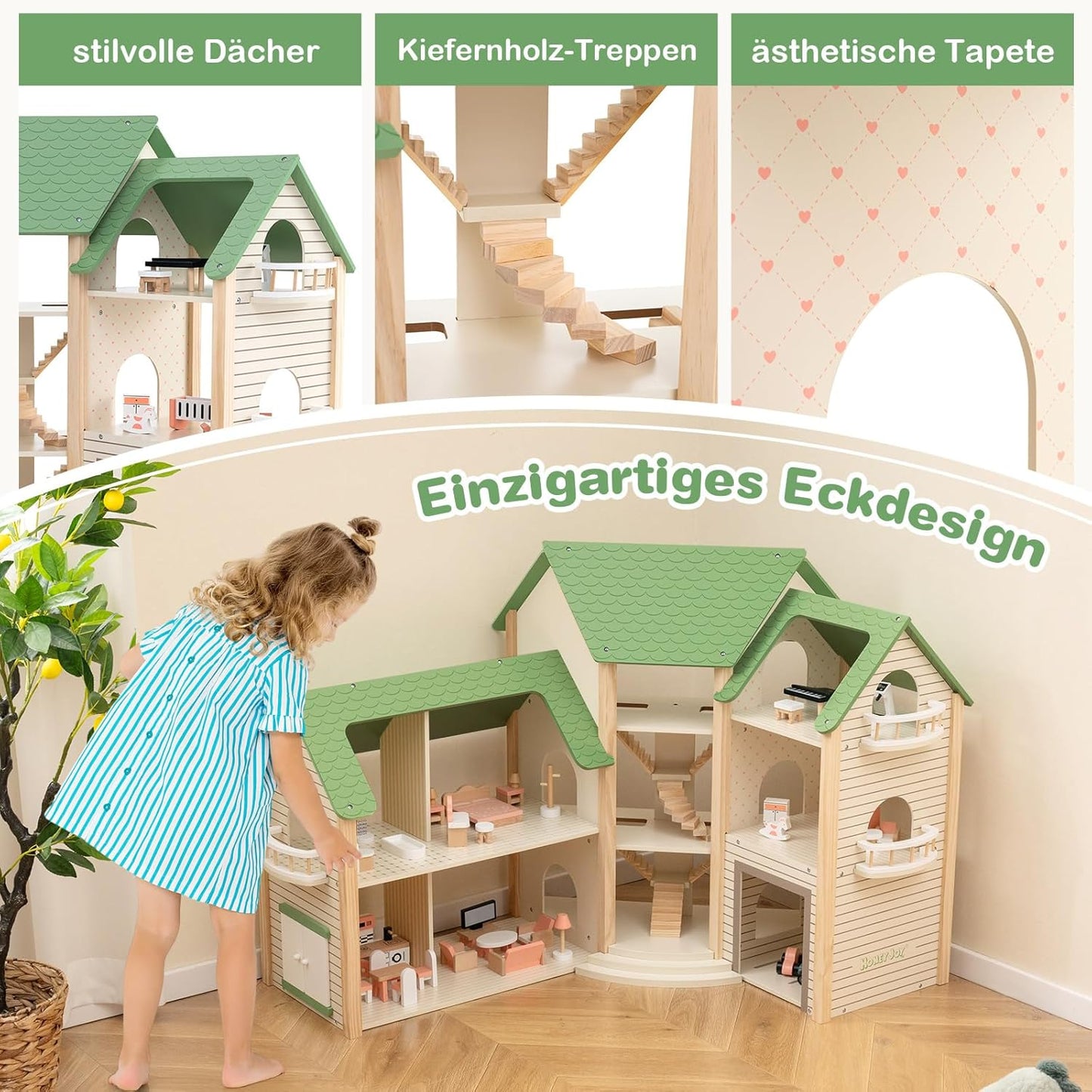 Montessori Wooden Dollhouse – Expandable Play Villa with 3 Houses & Furniture