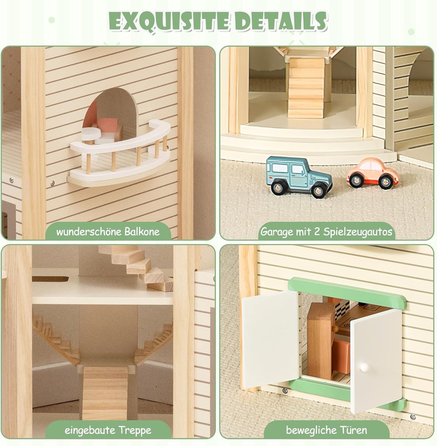 Montessori Wooden Dollhouse – Expandable Play Villa with 3 Houses & Furniture