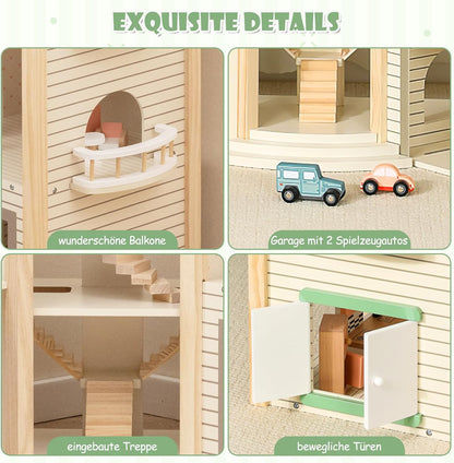 Montessori Wooden Dollhouse – Expandable Play Villa with 3 Houses & Furniture
