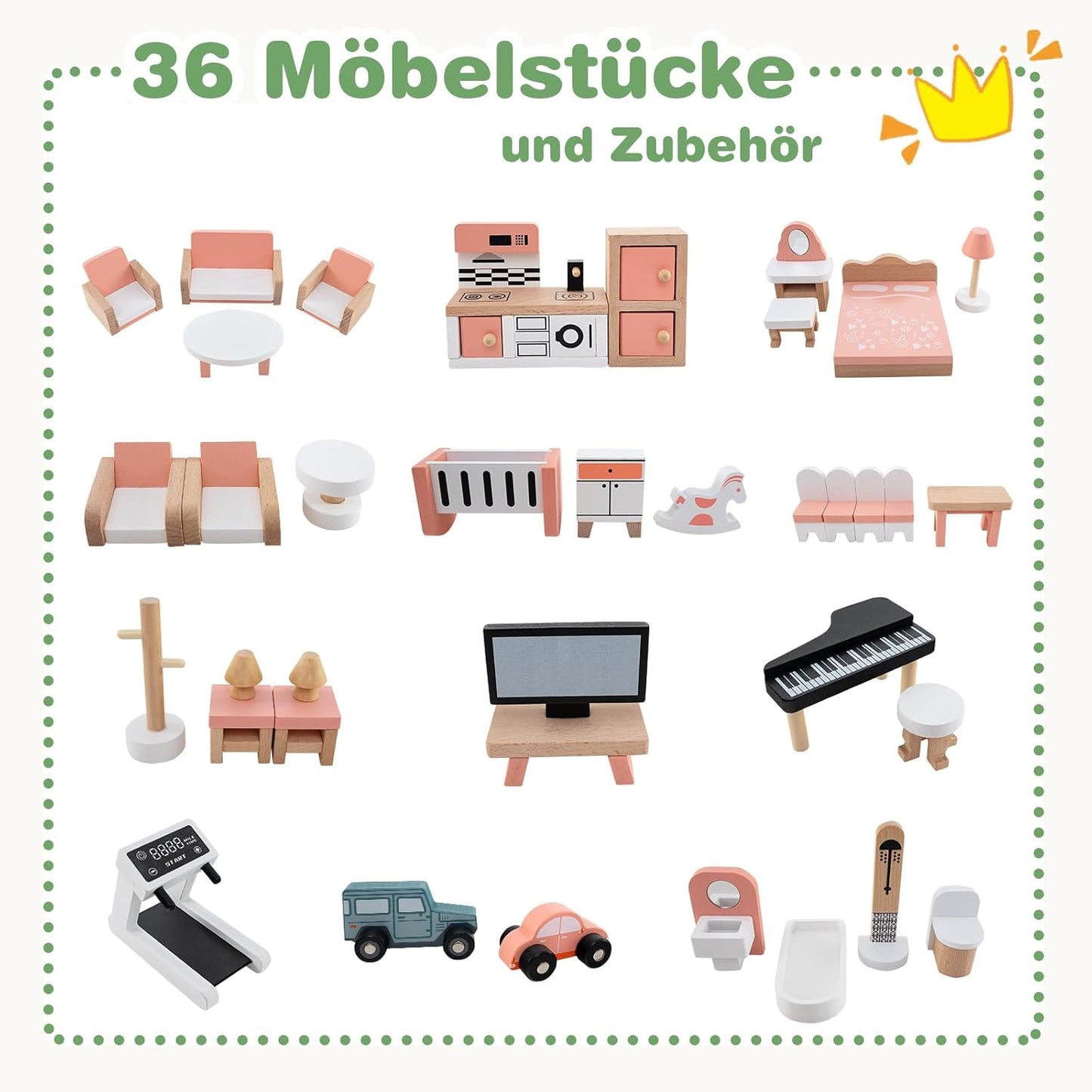 Montessori Wooden Dollhouse – Expandable Play Villa with 3 Houses & Furniture