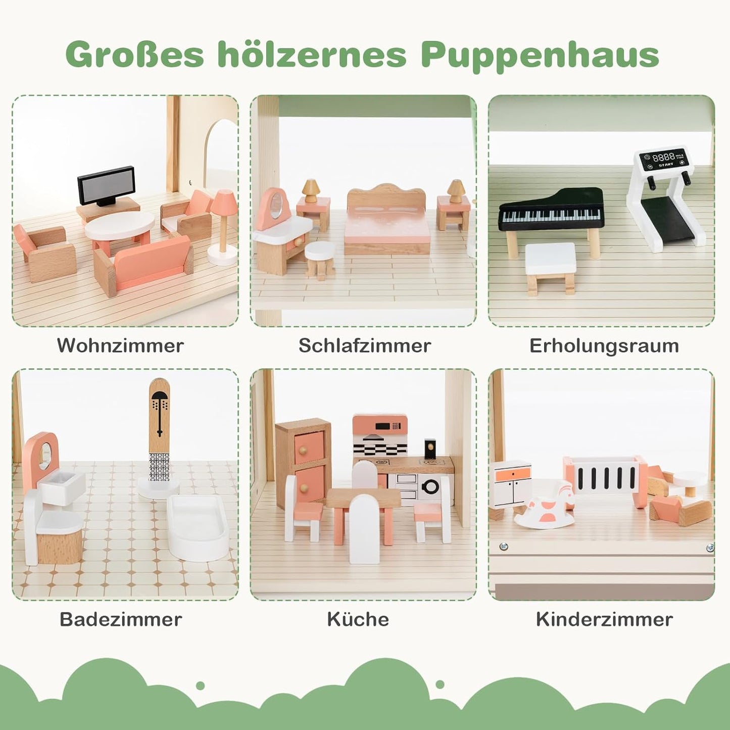 Montessori Wooden Dollhouse – Expandable Play Villa with 3 Houses & Furniture