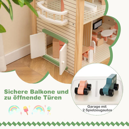 Montessori Wooden Dollhouse – Expandable Play Villa with 3 Houses & Furniture