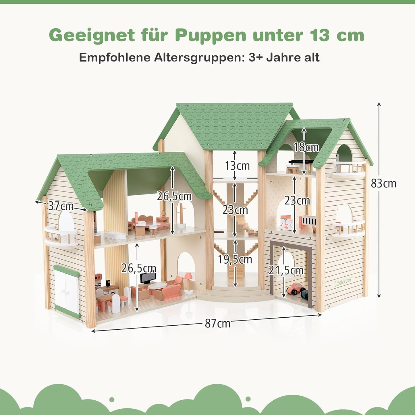 Montessori Wooden Dollhouse – Expandable Play Villa with 3 Houses & Furniture