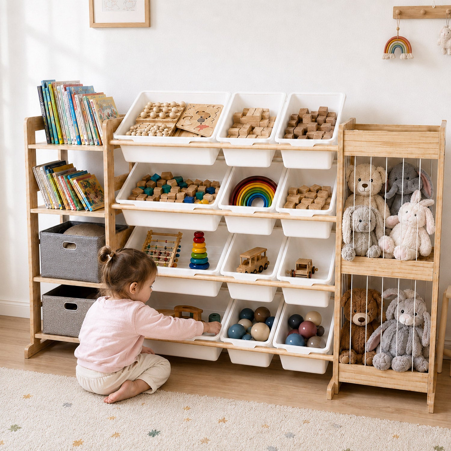 
Kinder Spielzeugregal aus Holz in Frontansicht mit 4 Ebenen und Aufbewahrungsboxen