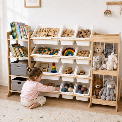 
Kinder Spielzeugregal aus Holz in Frontansicht mit 4 Ebenen und Aufbewahrungsboxen